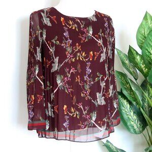 Max Studio Burgundy Floral Pleated Chiffon Long Sleeve Boat neck Blouse Top XS
